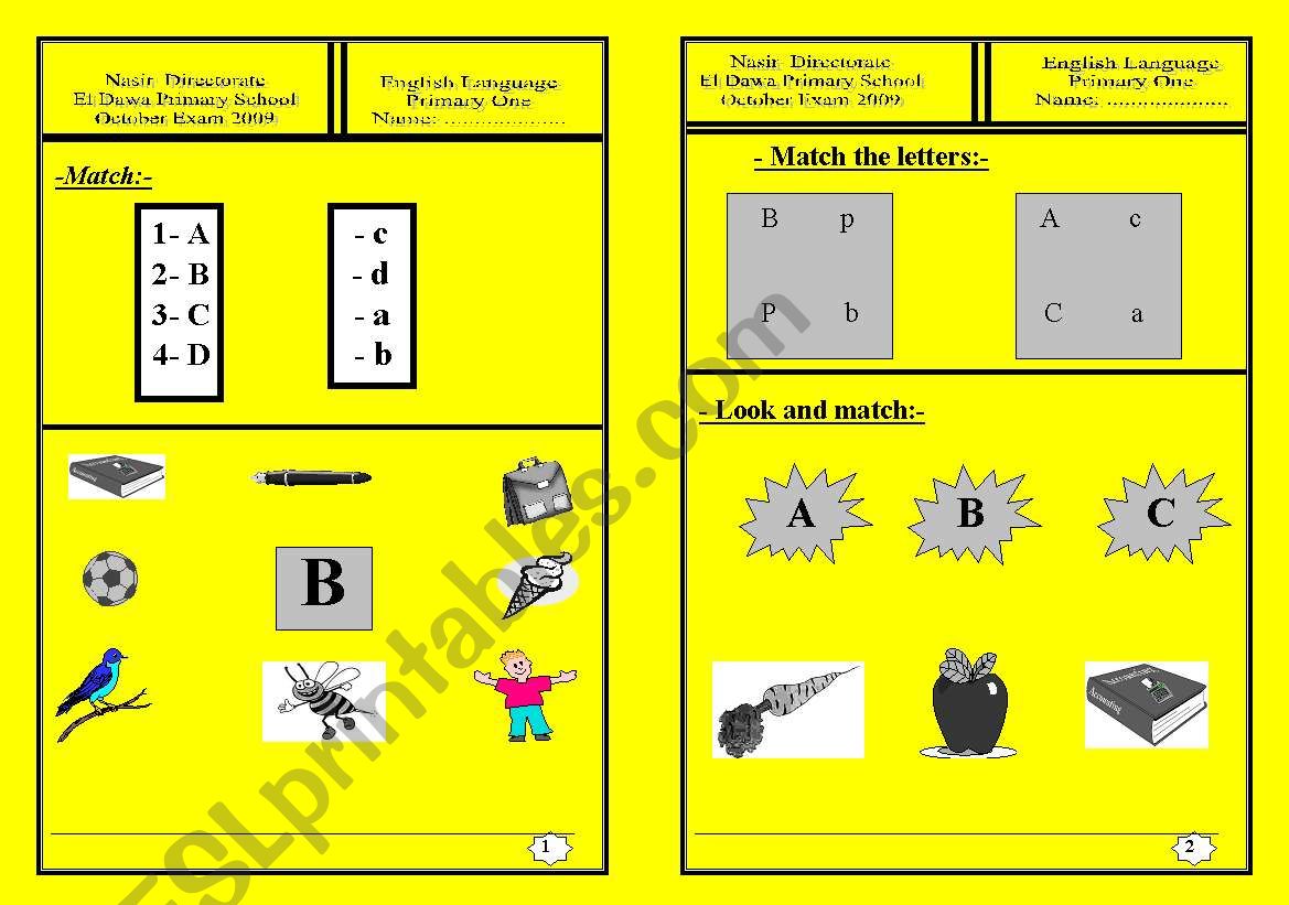 test for primary one worksheet