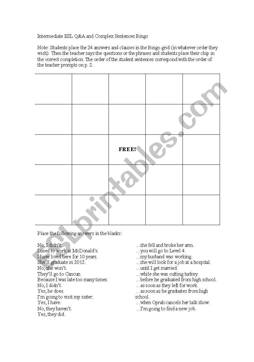 Intermediate Grammar Bingo worksheet