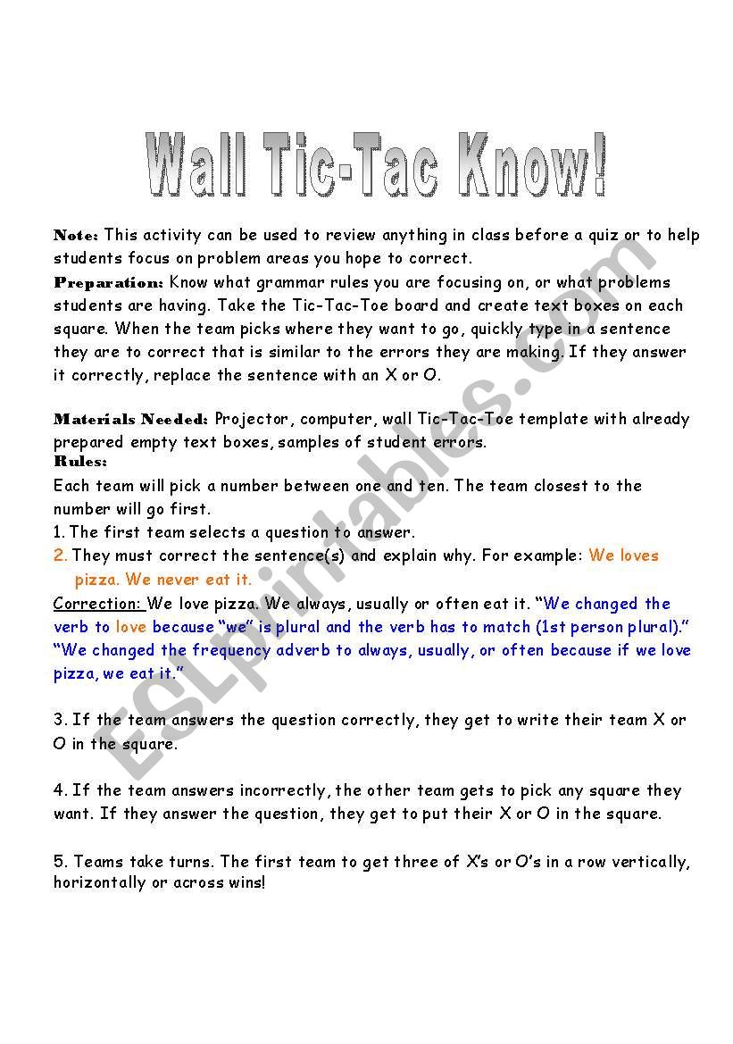 Wall Tic-Tac-Know worksheet