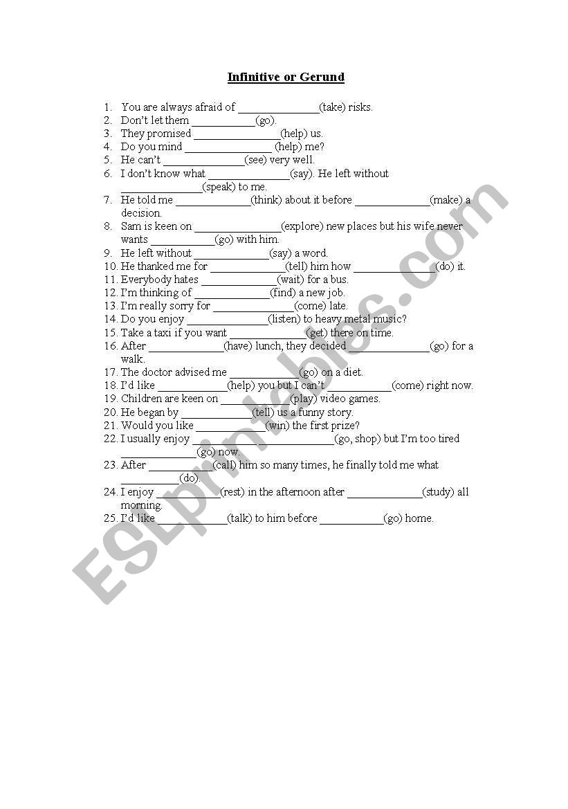 Infinitive or Gerund C Class worksheet