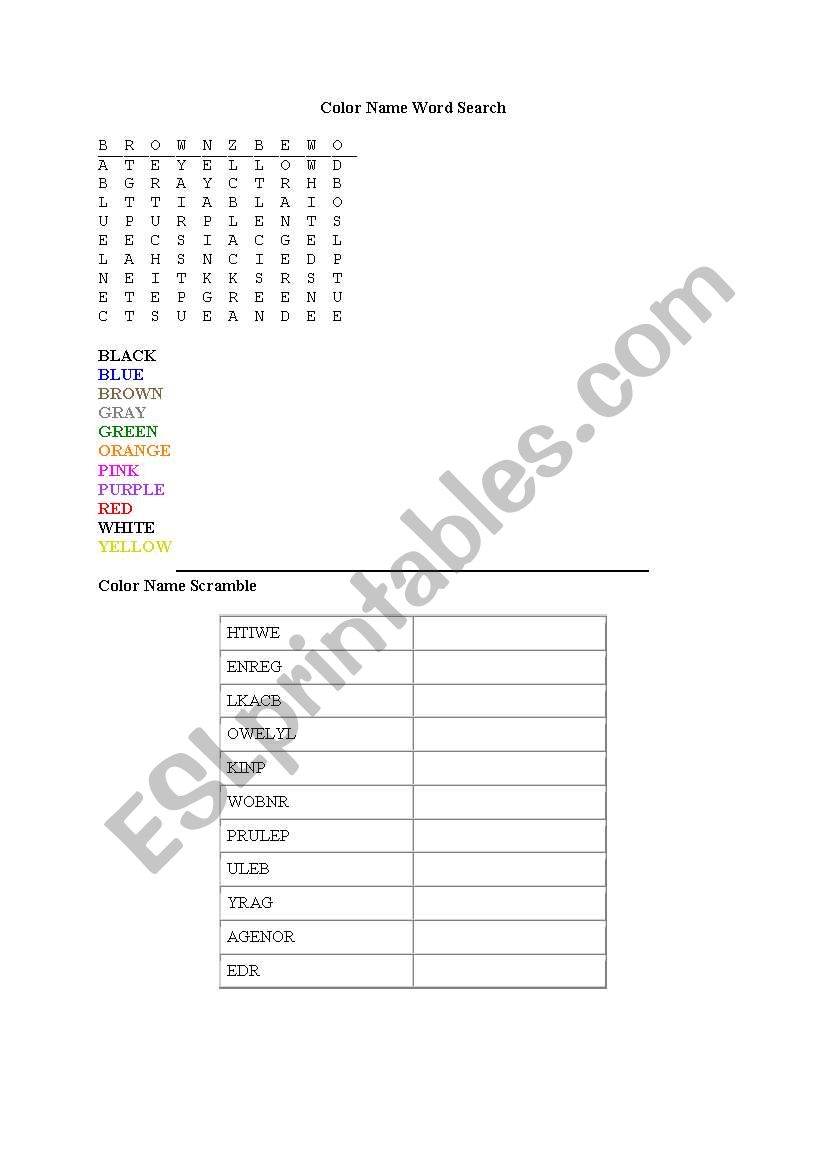 COLOUR NAME WORD SEARCH worksheet