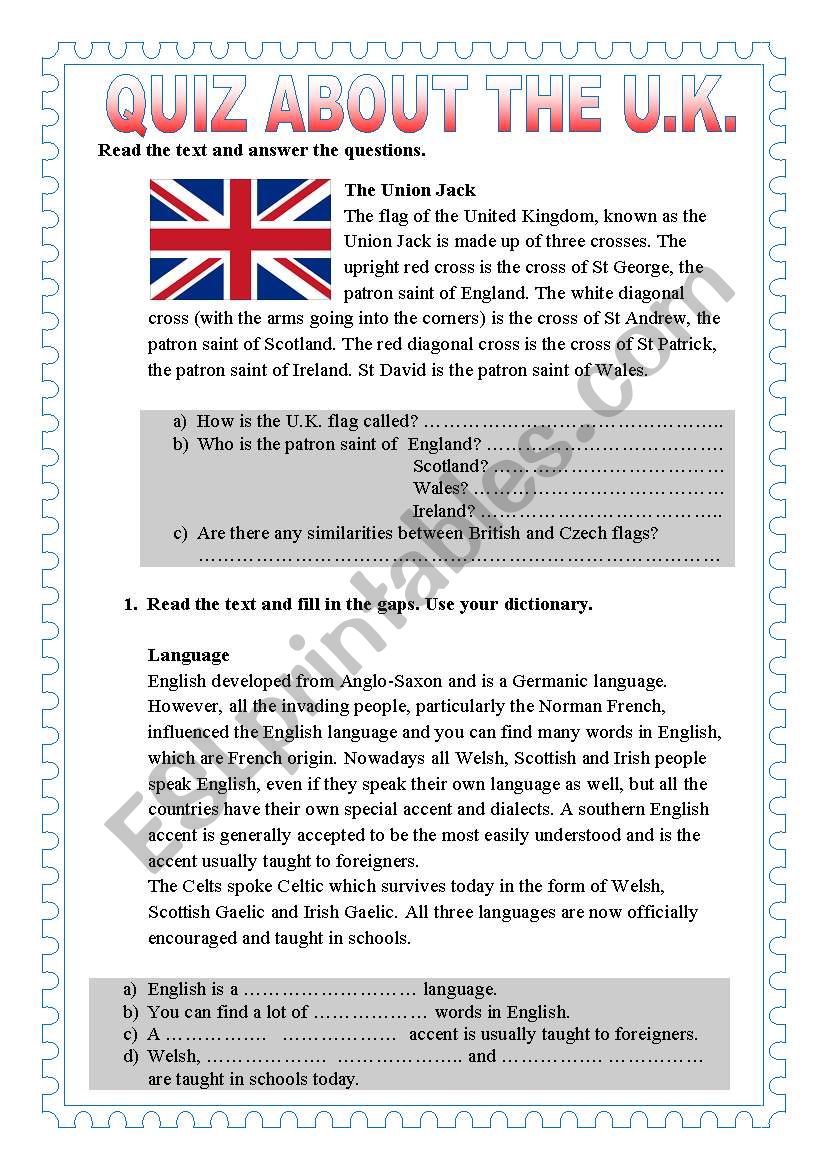 QUIZ ABOUT THE U. K. worksheet