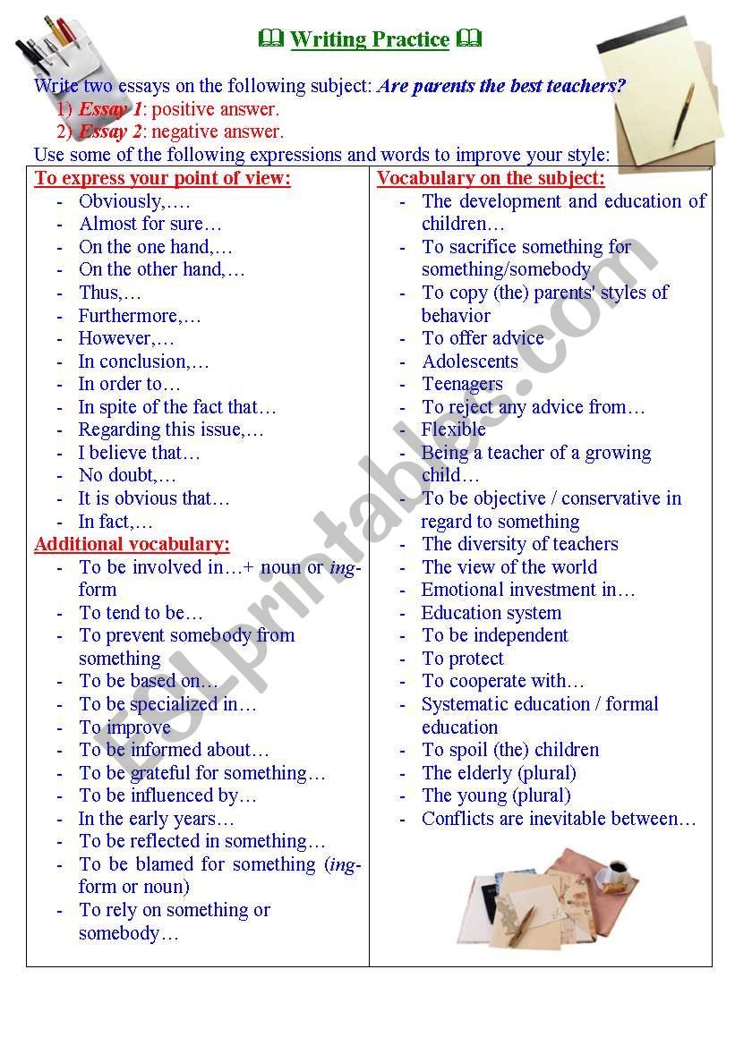 Writing Practice for TOEFL/IELTS exams. Useful expressions and vocabulary.