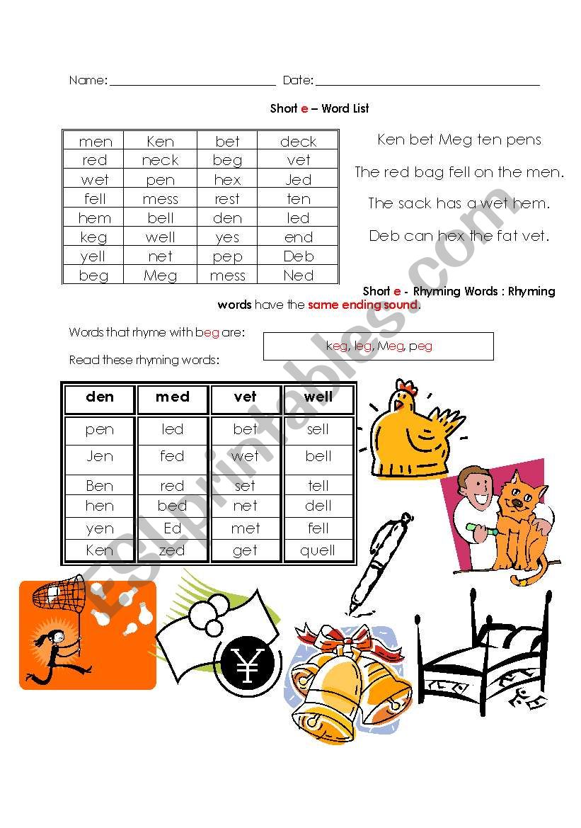 short vowel e word list worksheet