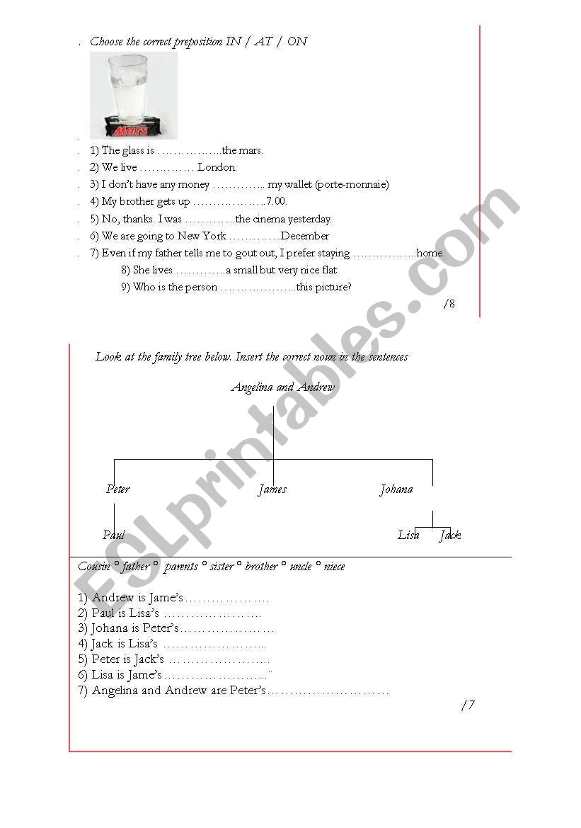 FAMILY TREE / PREPOSITIONS IN / ON / AT