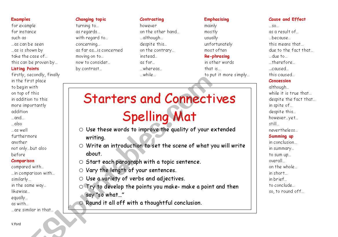 Starters and Connectives Spelling Mat