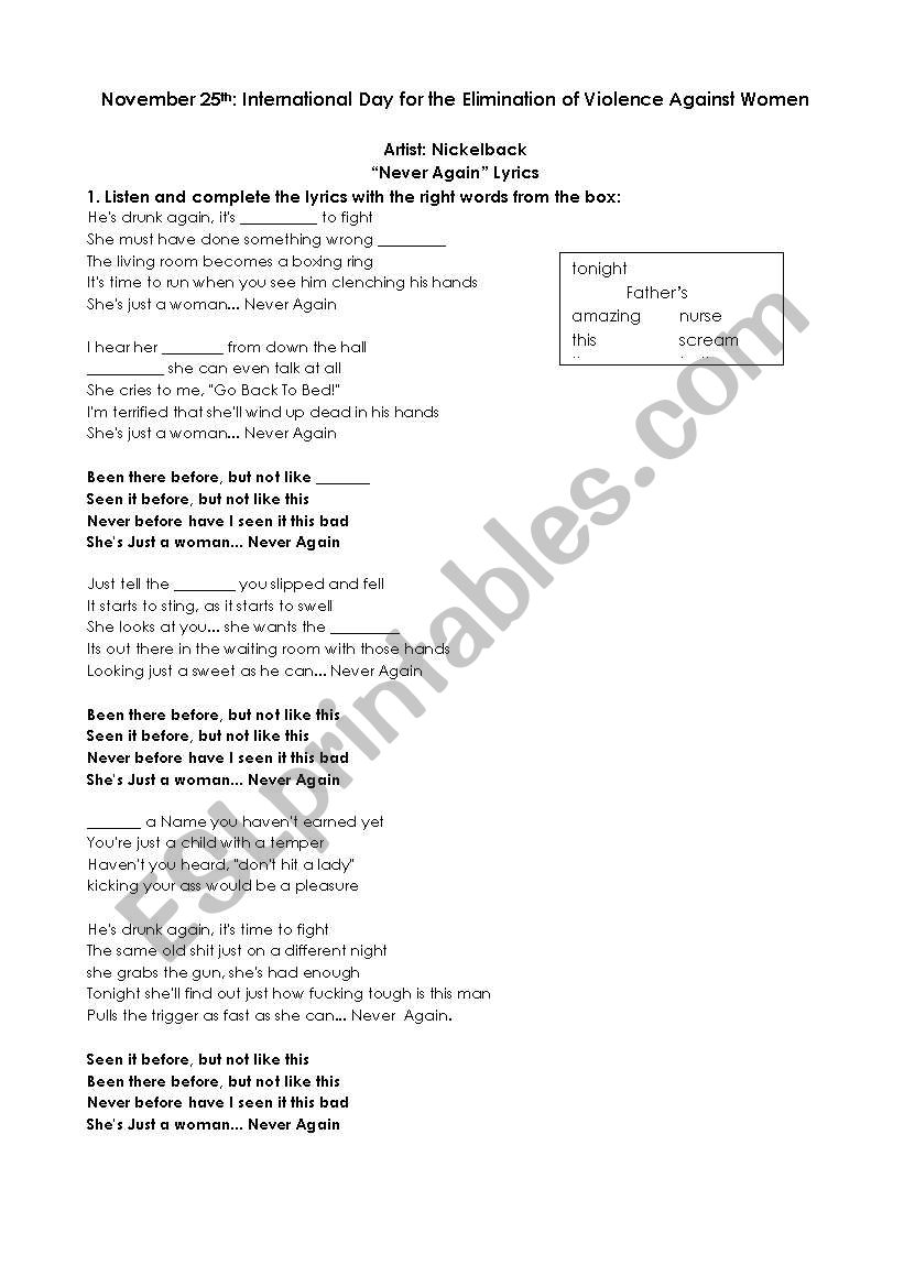 Song for 25th november- worksheet