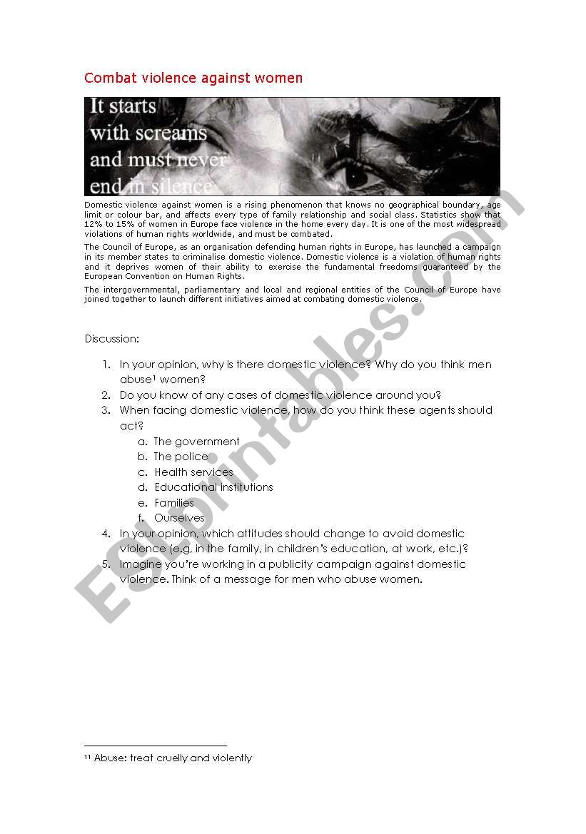 combat violence against women worksheet