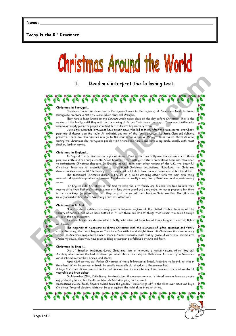 Christmas around the world worksheet