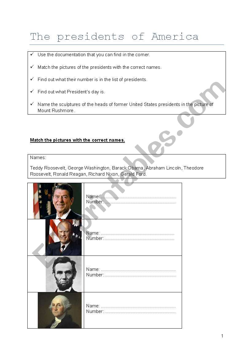 The presidents of America worksheet