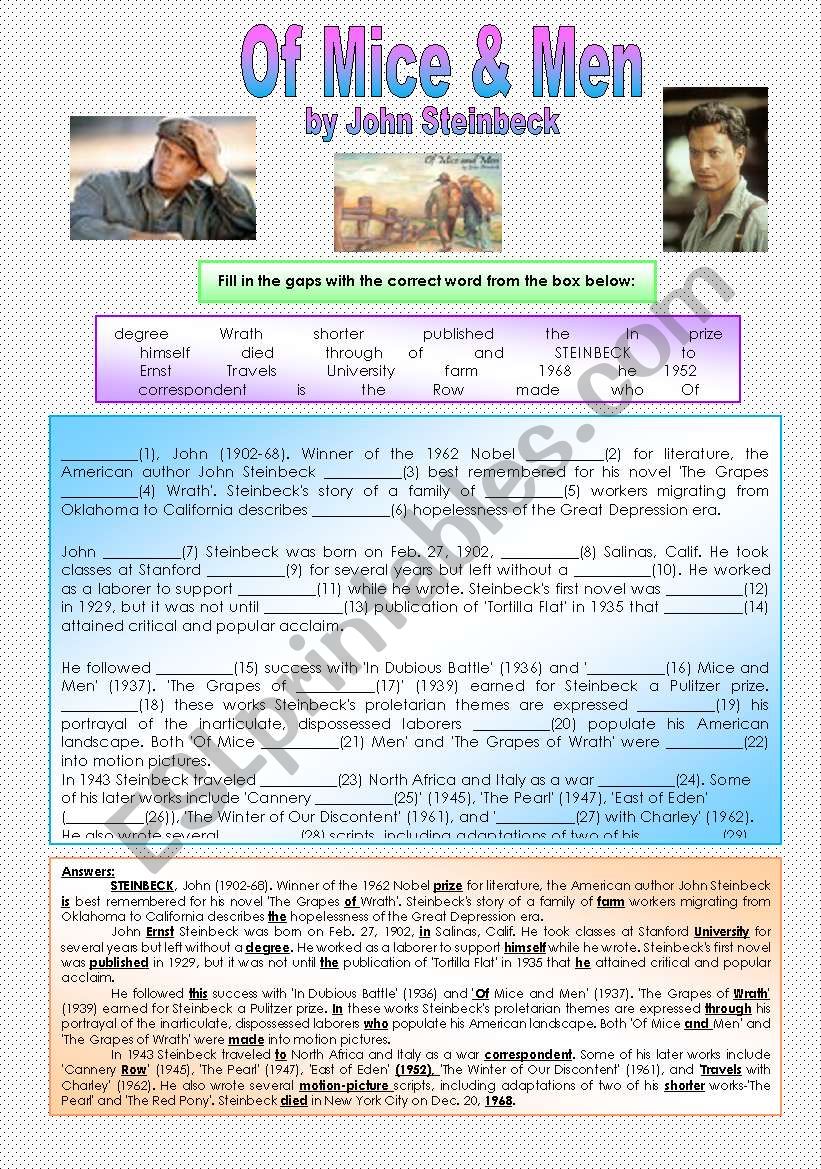 “Of Mice &amp; Men” by John Steinbeck - PART 1/3 - Novel Study - Cloze Activity with ANSWERS ...
