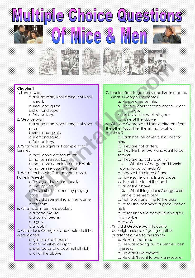 Of Mice & Men by John Steinbeck - PART 3/3 - Novel Study - Multiple Choice Questions with ANSWERS - Intermediate to Advanced Level - (( B&W VERSION INCLUDED ))