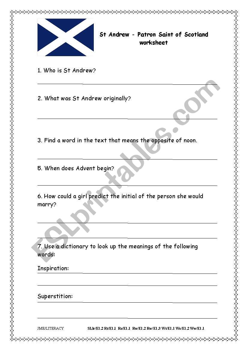 St Andrews Day worksheet worksheet