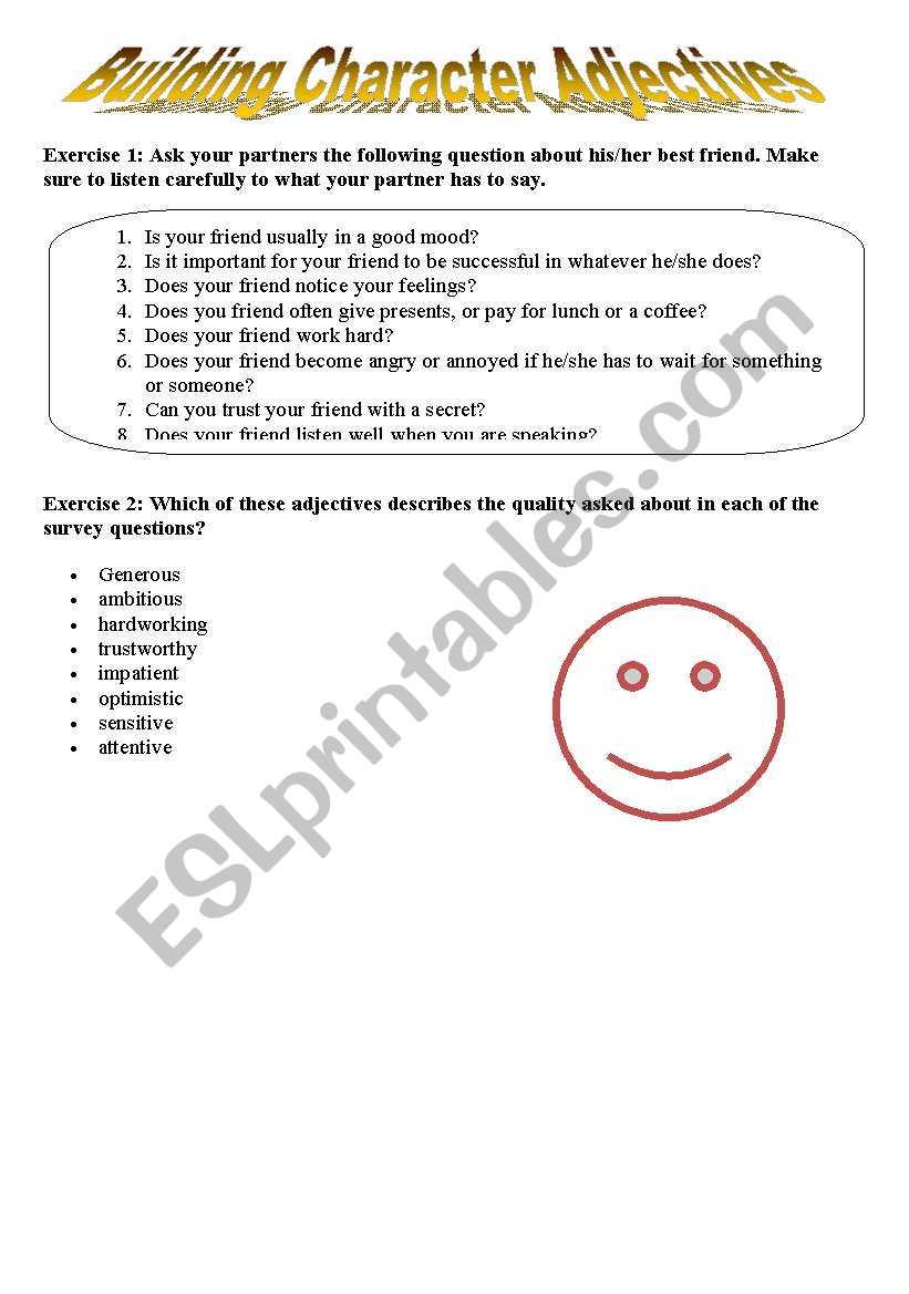 Building character adjectives worksheet