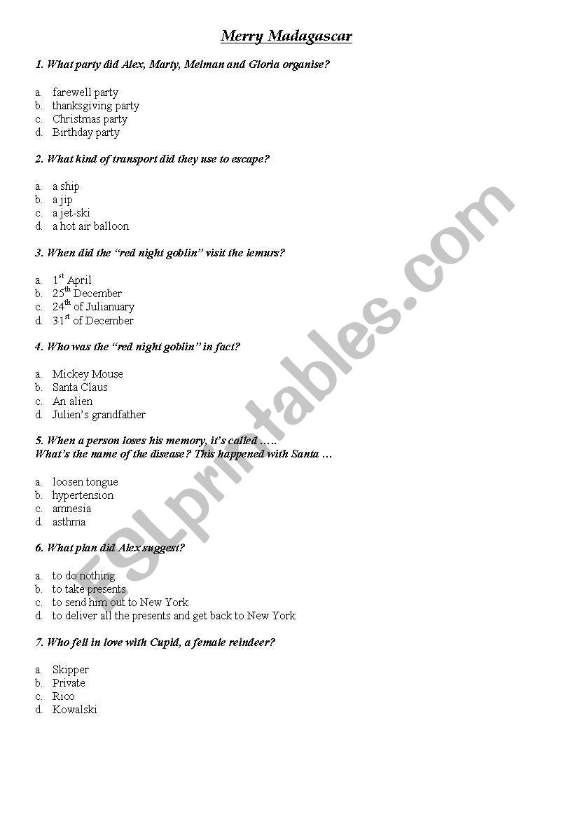 Merry Madagascar worksheet