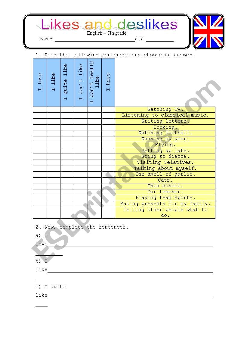 Likes and deslikes worksheet