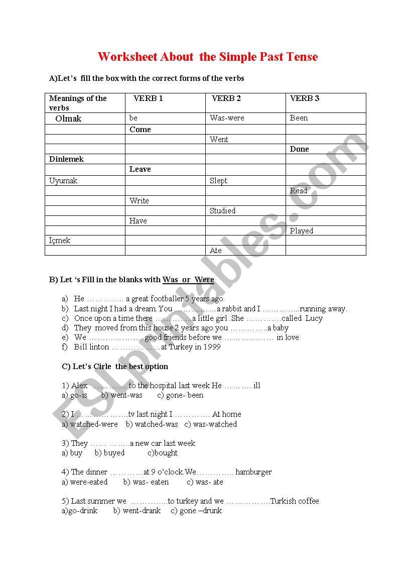 worksheet about simple past tense