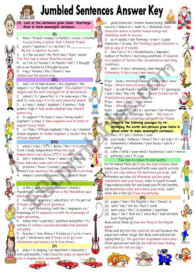 JUMBLED SENTENCES ANSWER KEY ESL Worksheet By Vikral