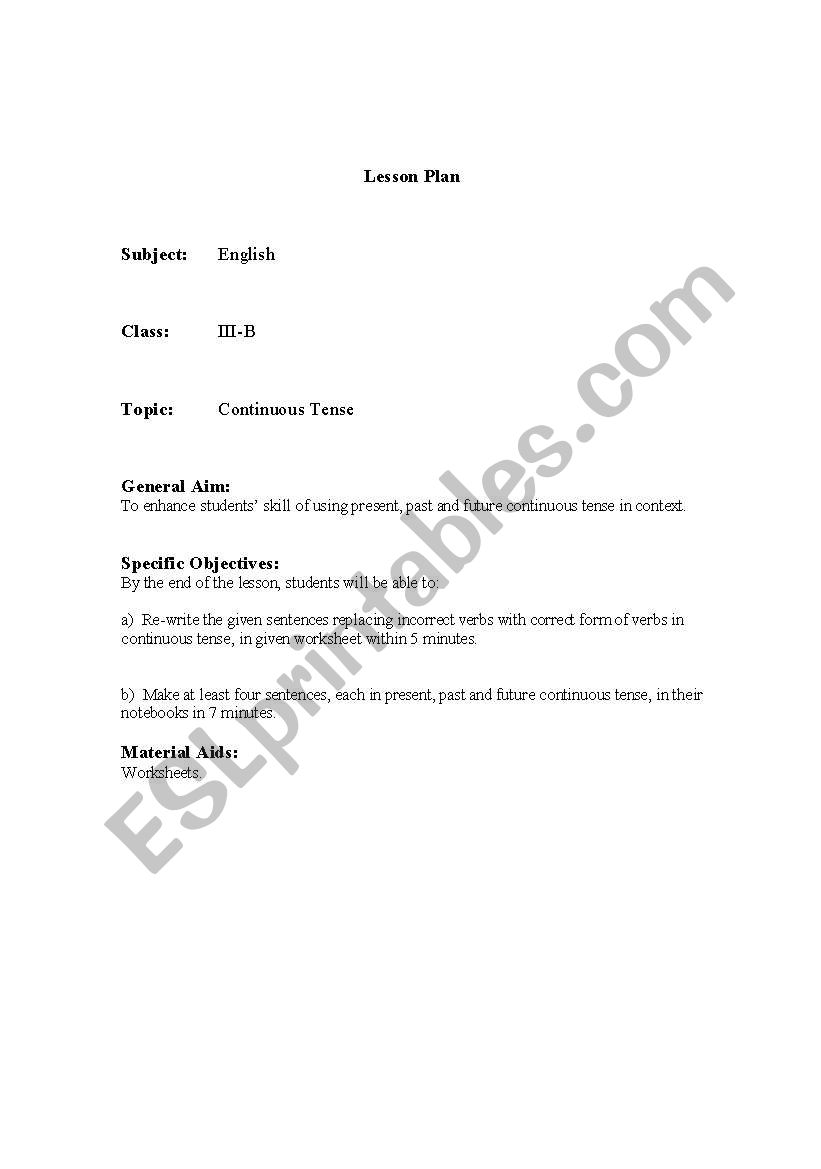 Continuous Tense (lesson plan and worksheet)