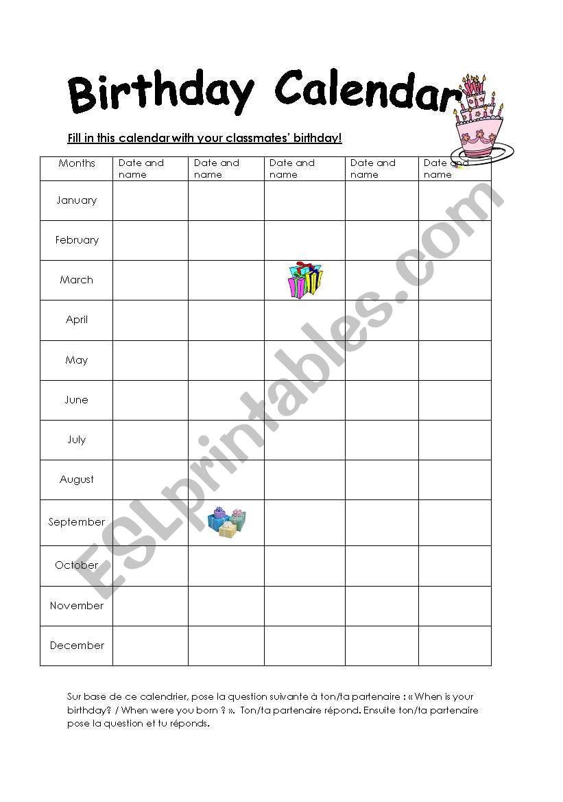 birthday calendar worksheet