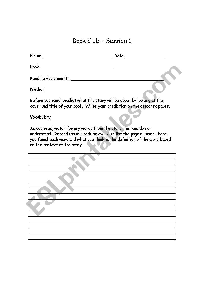 Book Club - Session 1 worksheet