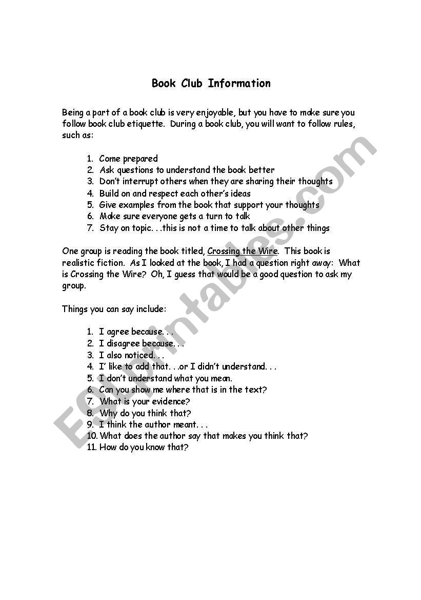 Book Club Etiquette worksheet