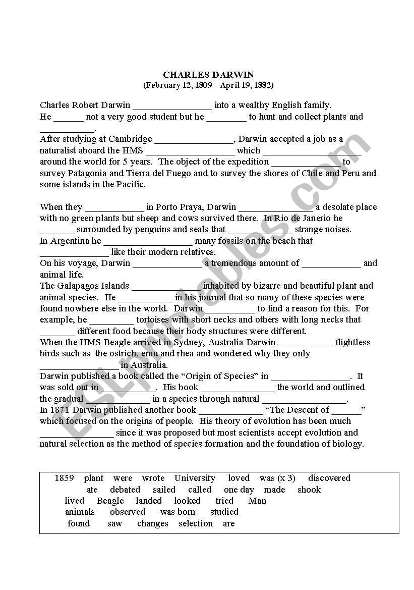 Charles Darwin worksheet for past tense practices