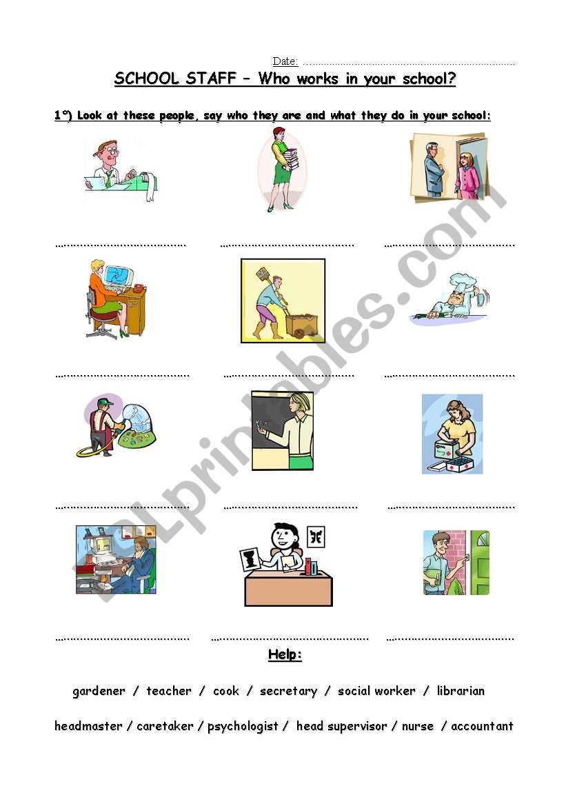 School Staff + activities worksheet