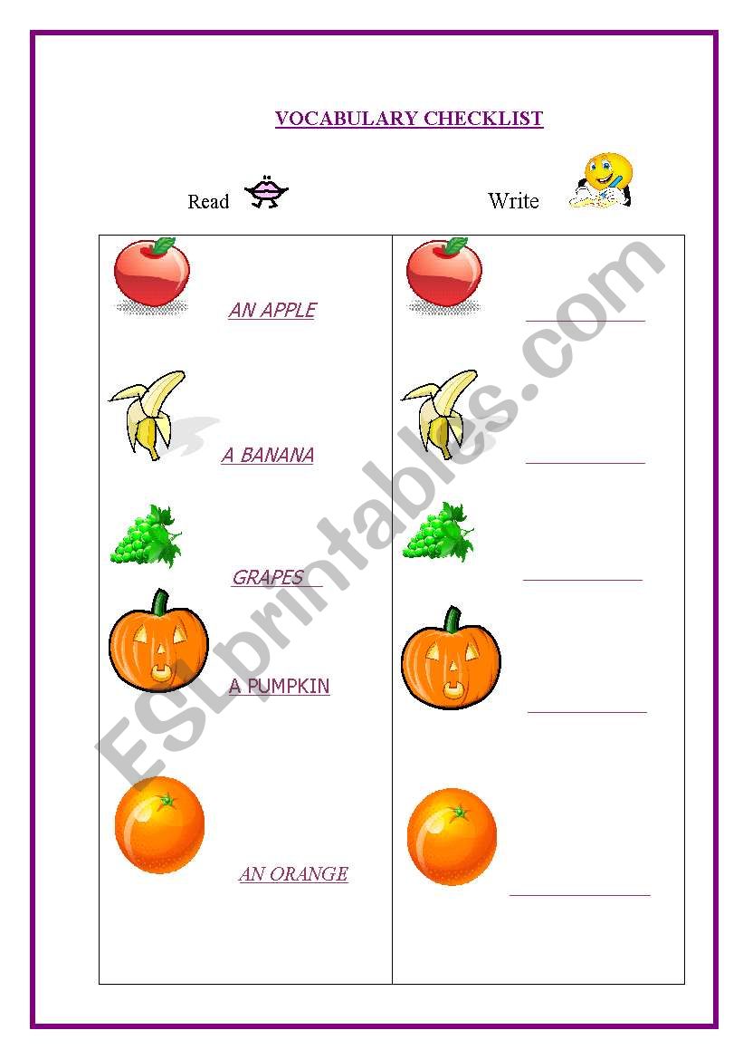 vocabulary checklist worksheet