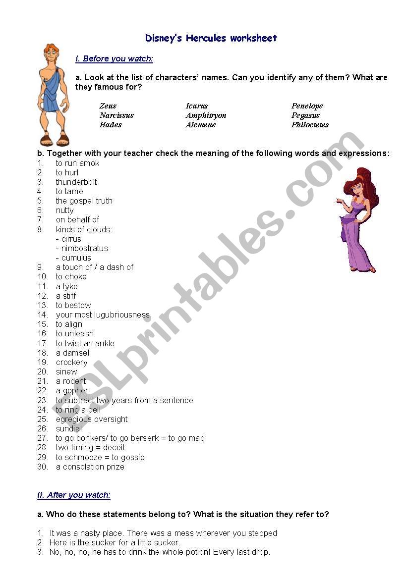 Hercules Disney worksheet worksheet