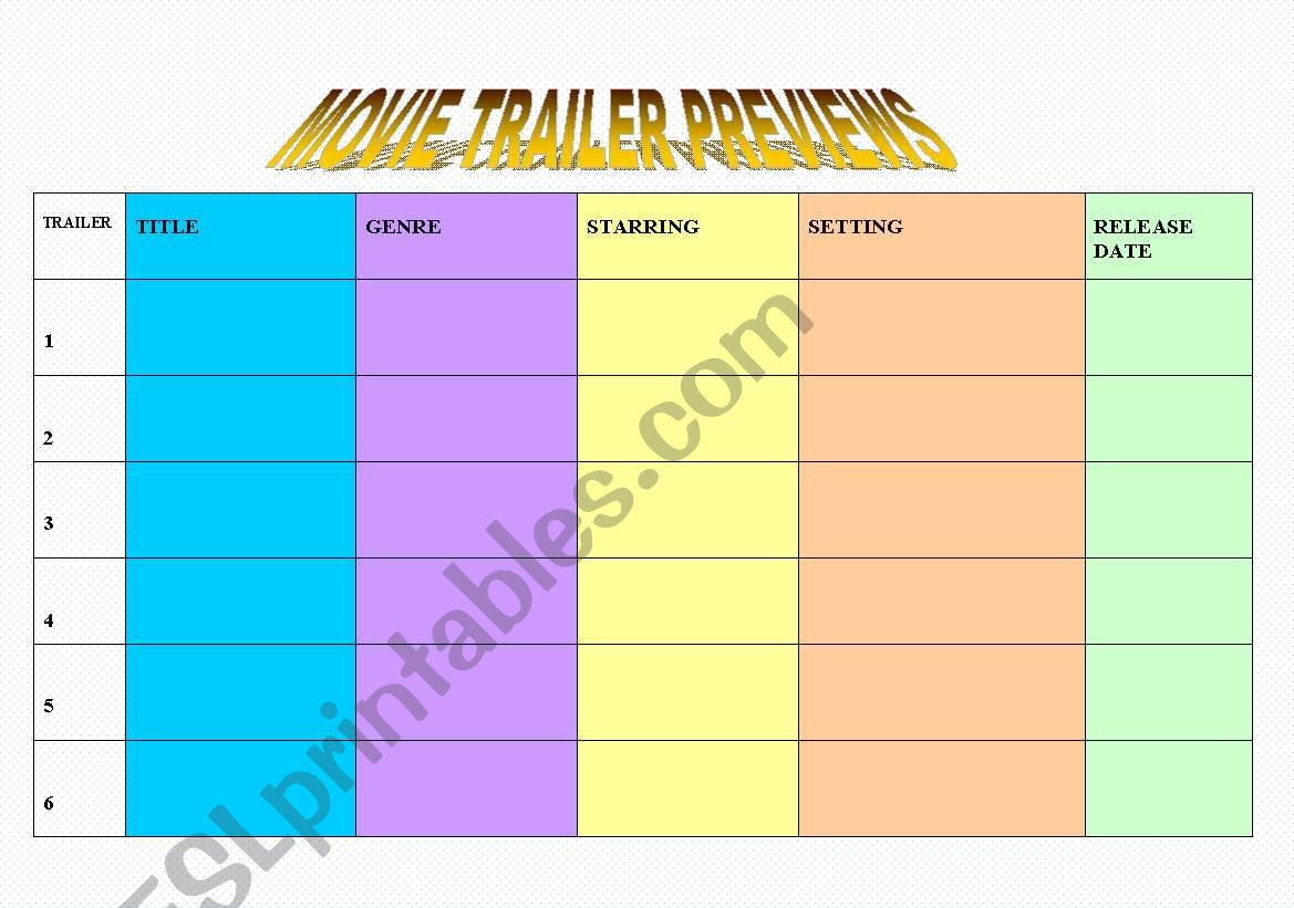 MOVIE TRAILER PREVIEWS worksheet