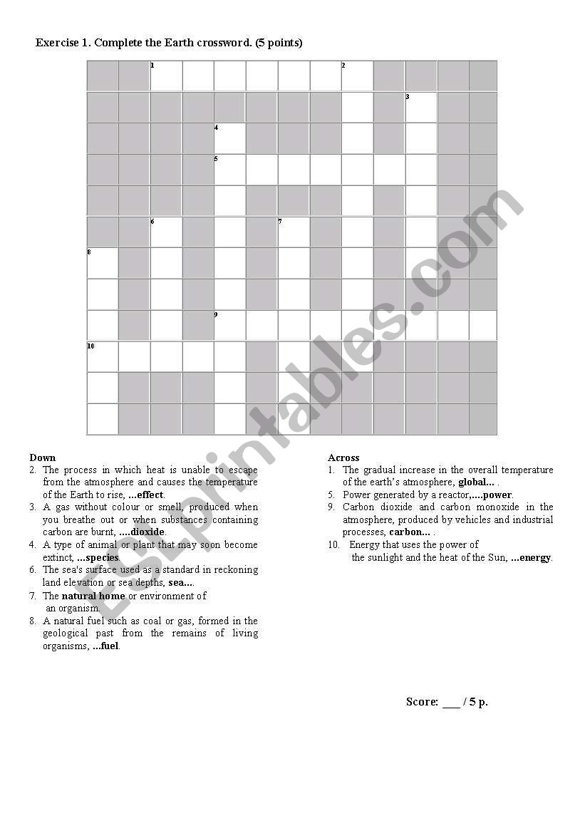 the Earth crossword worksheet