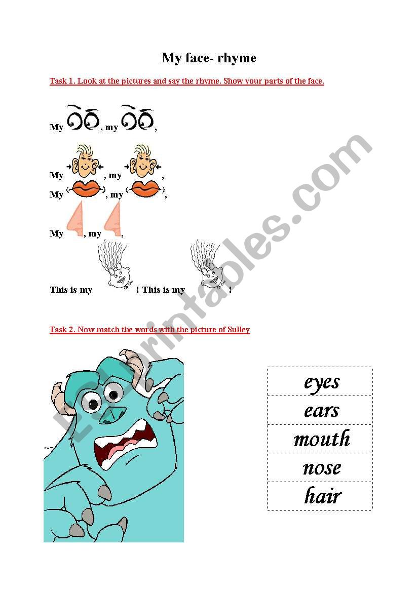 My face rhyme worksheet