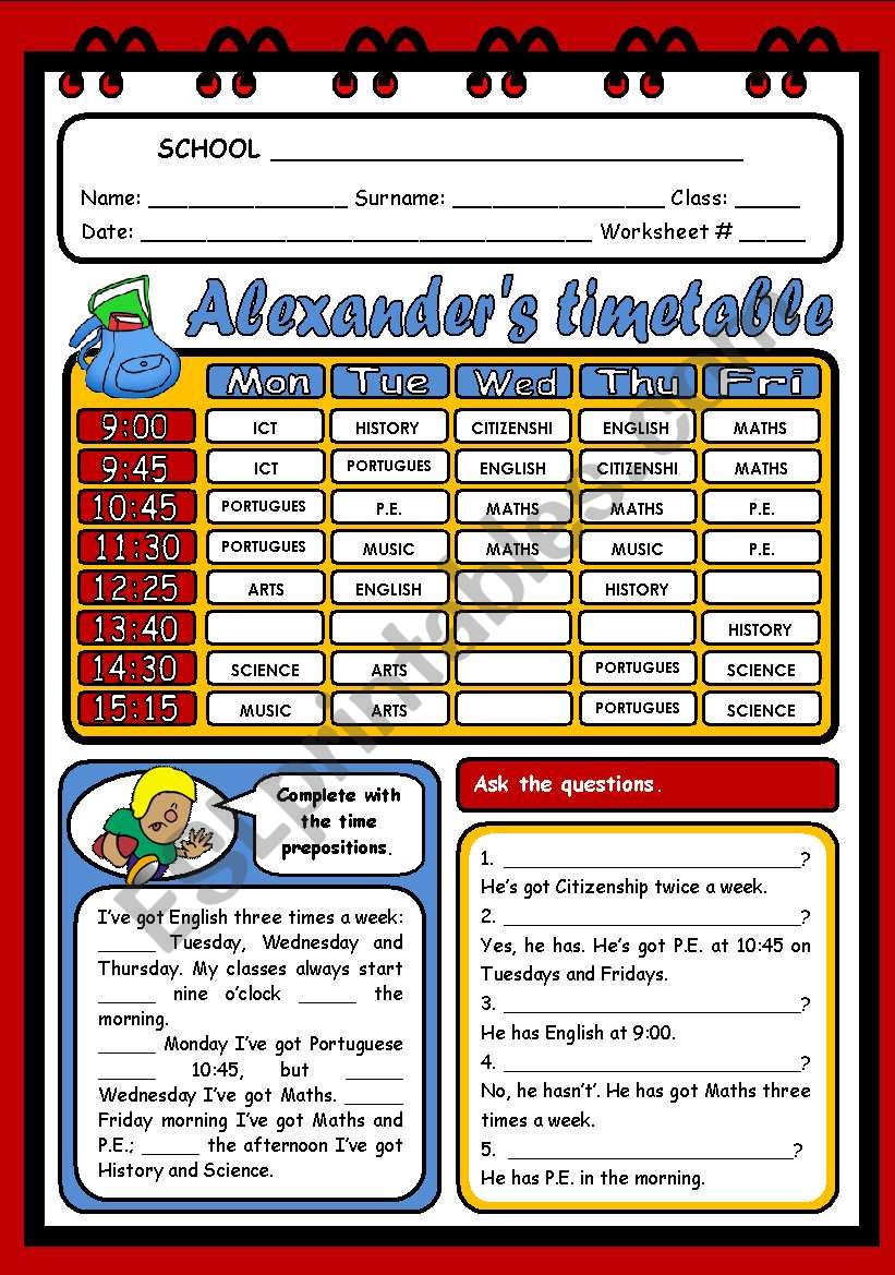 ALEXANDERS TIMETABLE worksheet