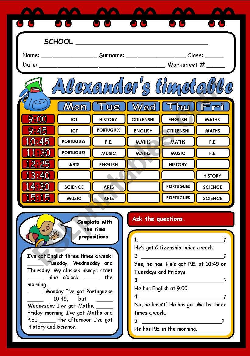 ALEXANDERÂ´S TIMETABLE worksheet