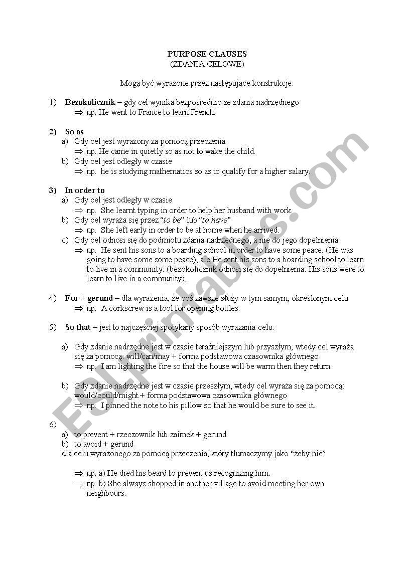 Purpose clauses worksheet