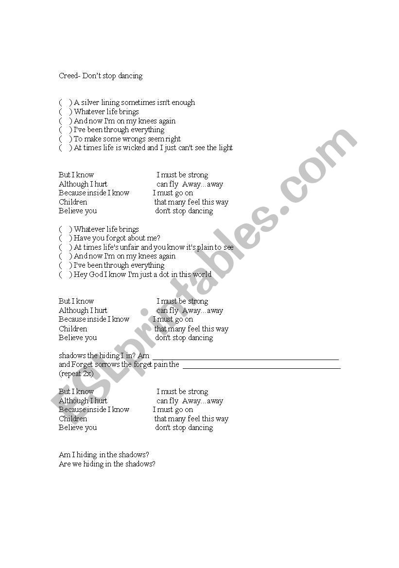 Creed- Dont stop dancing worksheet