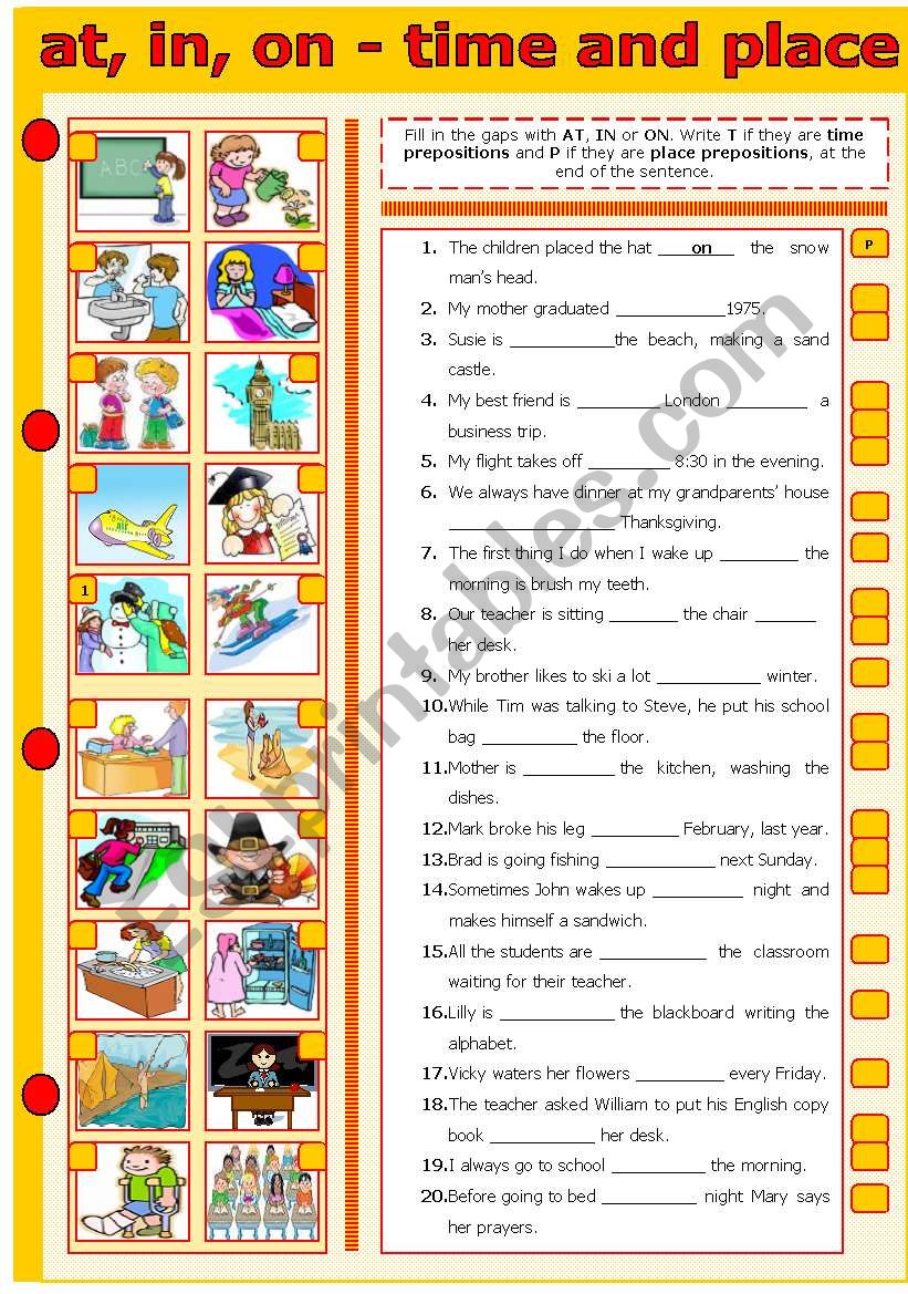 AT, IN, ON - TIME AND PLACE worksheet