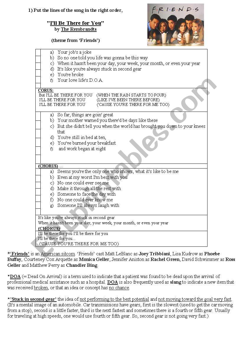 song Ill be there for you worksheet