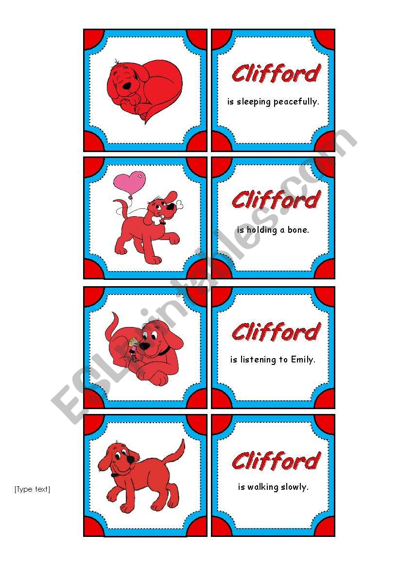 Present Continuous and Simple Past Matching Cards with Clifford the Big Red Dog