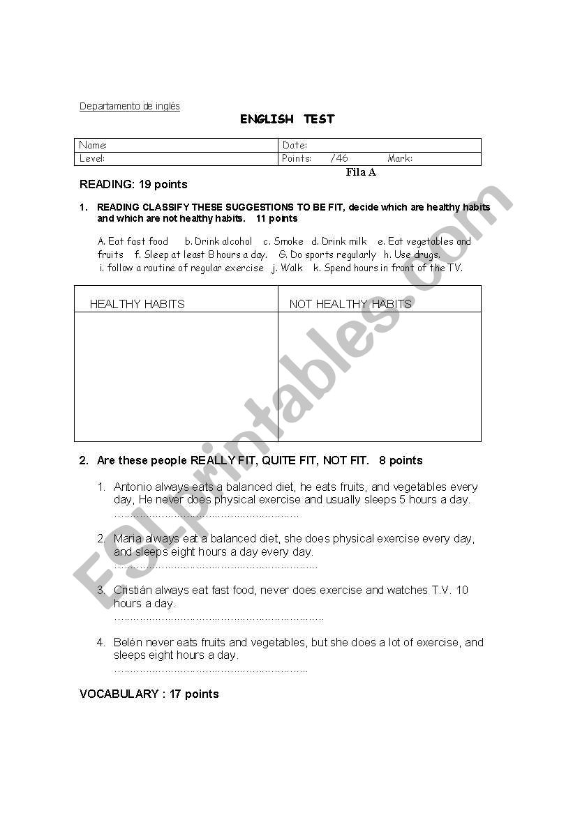 eating habits worksheet