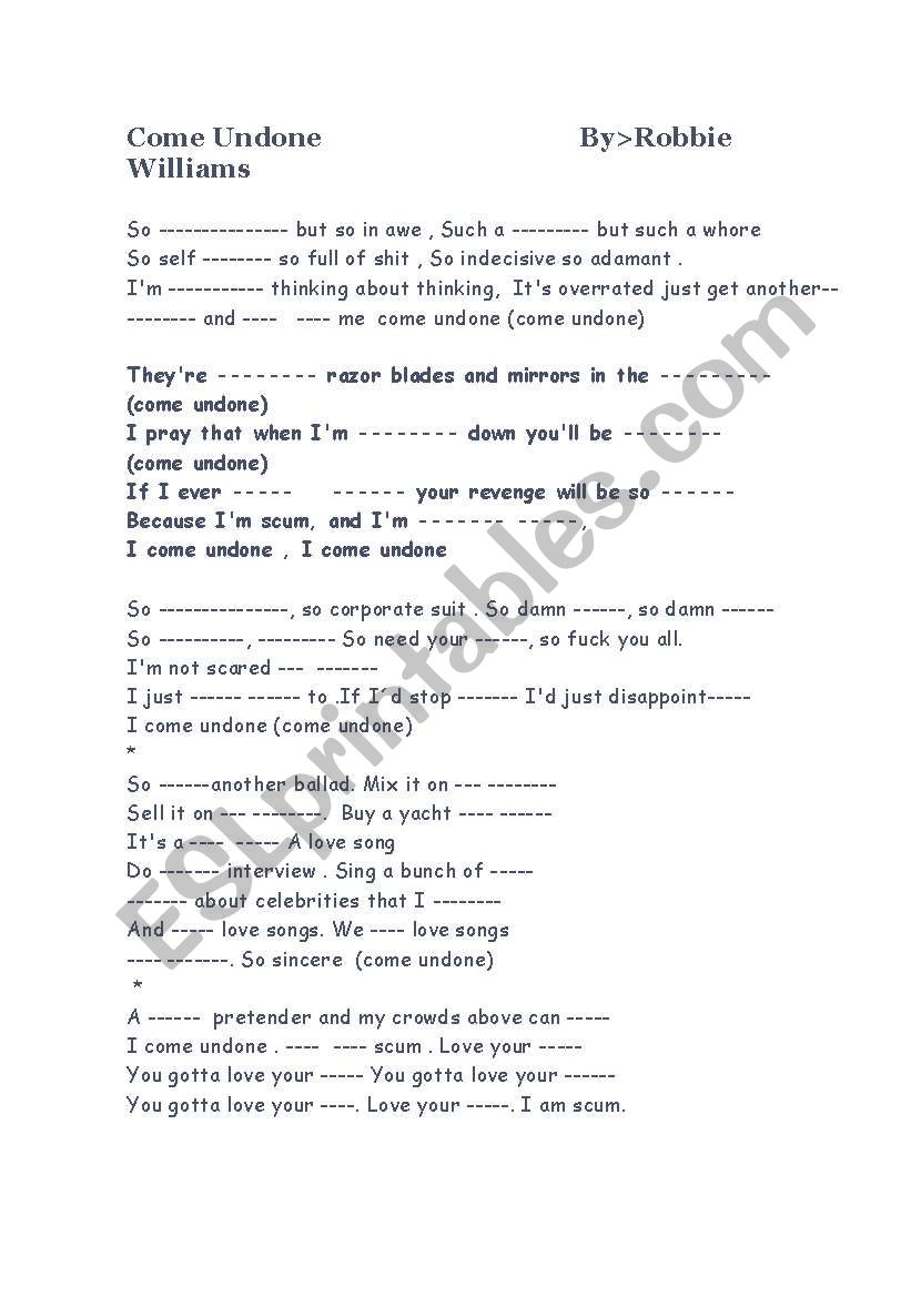 come undone worksheet