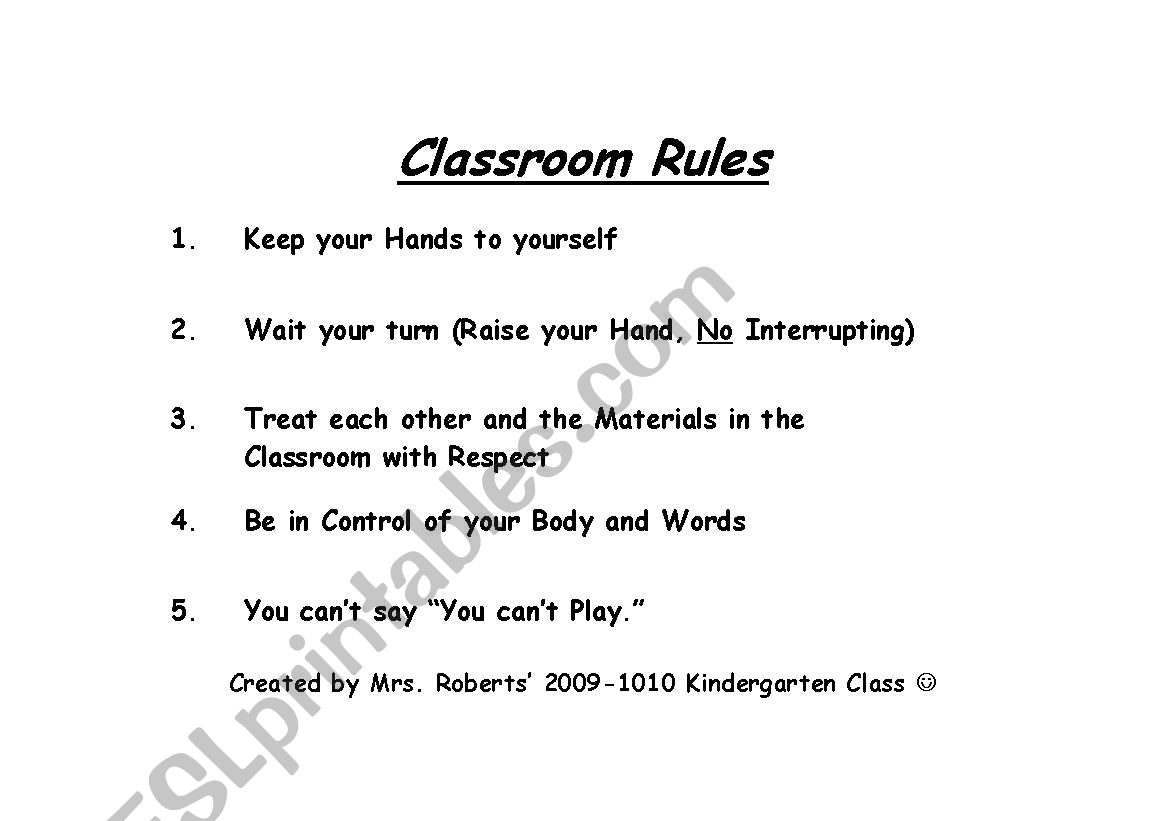 Kindergarten Classroom Rules worksheet