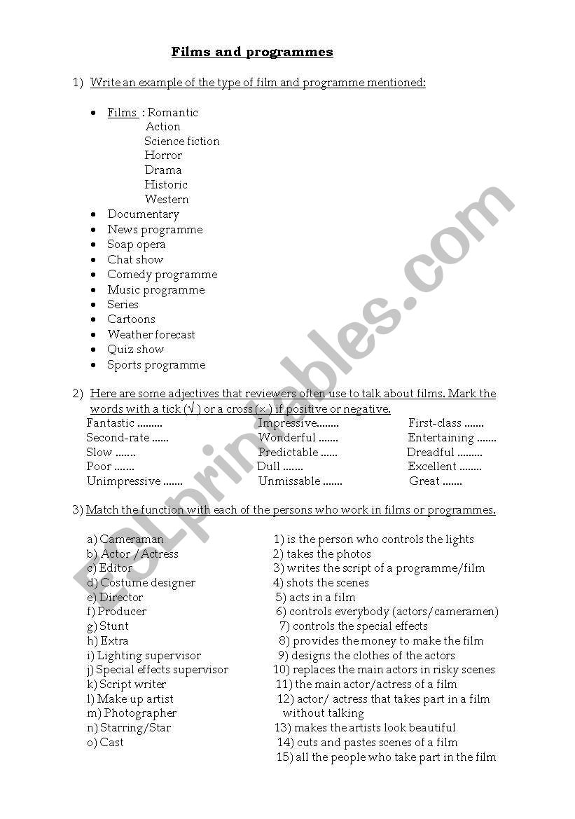 fils and programmes worksheet