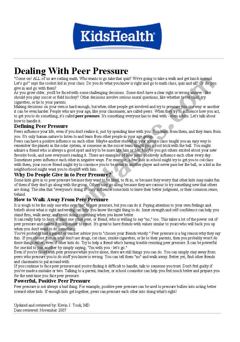 Dealing with peer pressure - reading