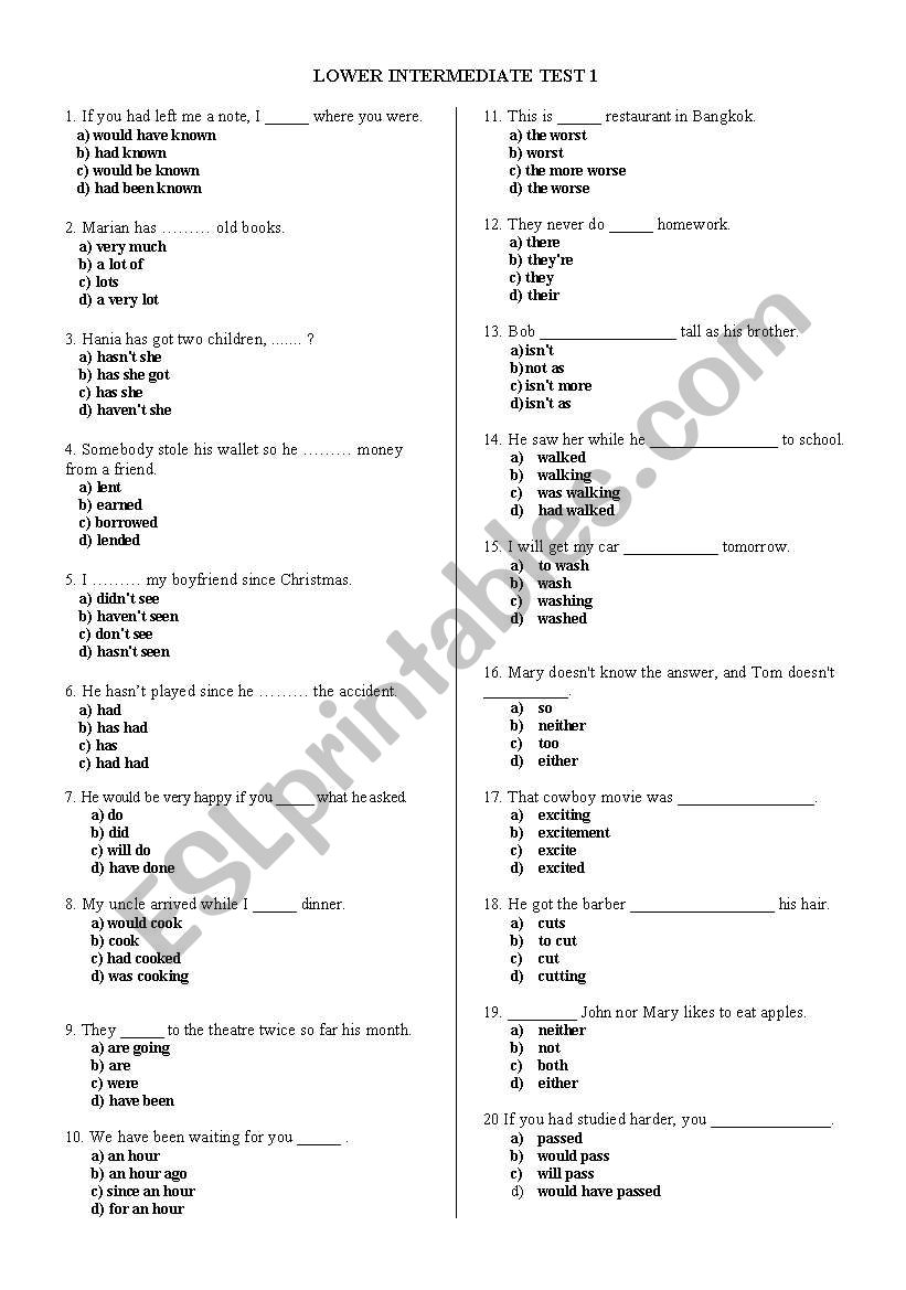 LOWER INTERMEDIATE TEST 1 worksheet