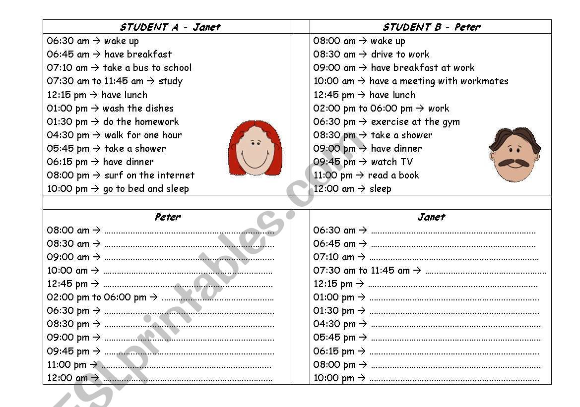 Asking about routine worksheet