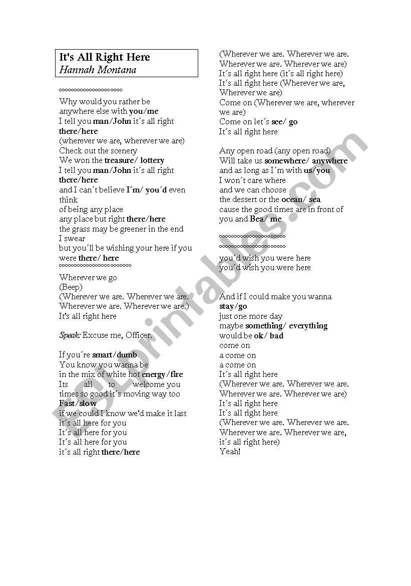 Song: It´s All Right Here  by Hannah Montana