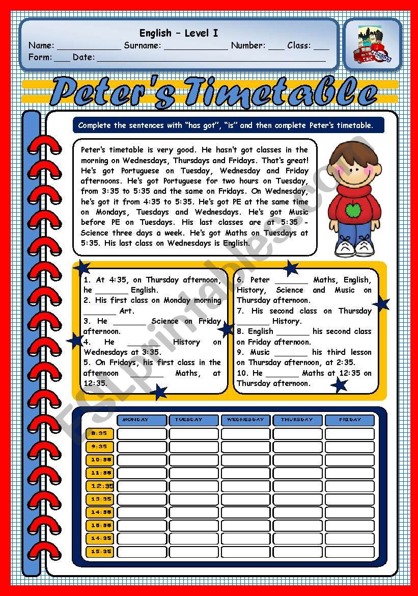 PETERS TIMETABLE worksheet