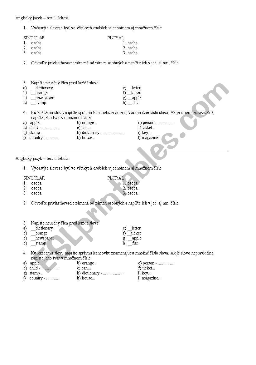 Test - Unit 1 New Headway elementary     Slovak instructions